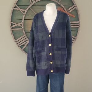 English Factory Cozy Check Knit Navy And GreenPlaid Cardigan with Gold Buttons